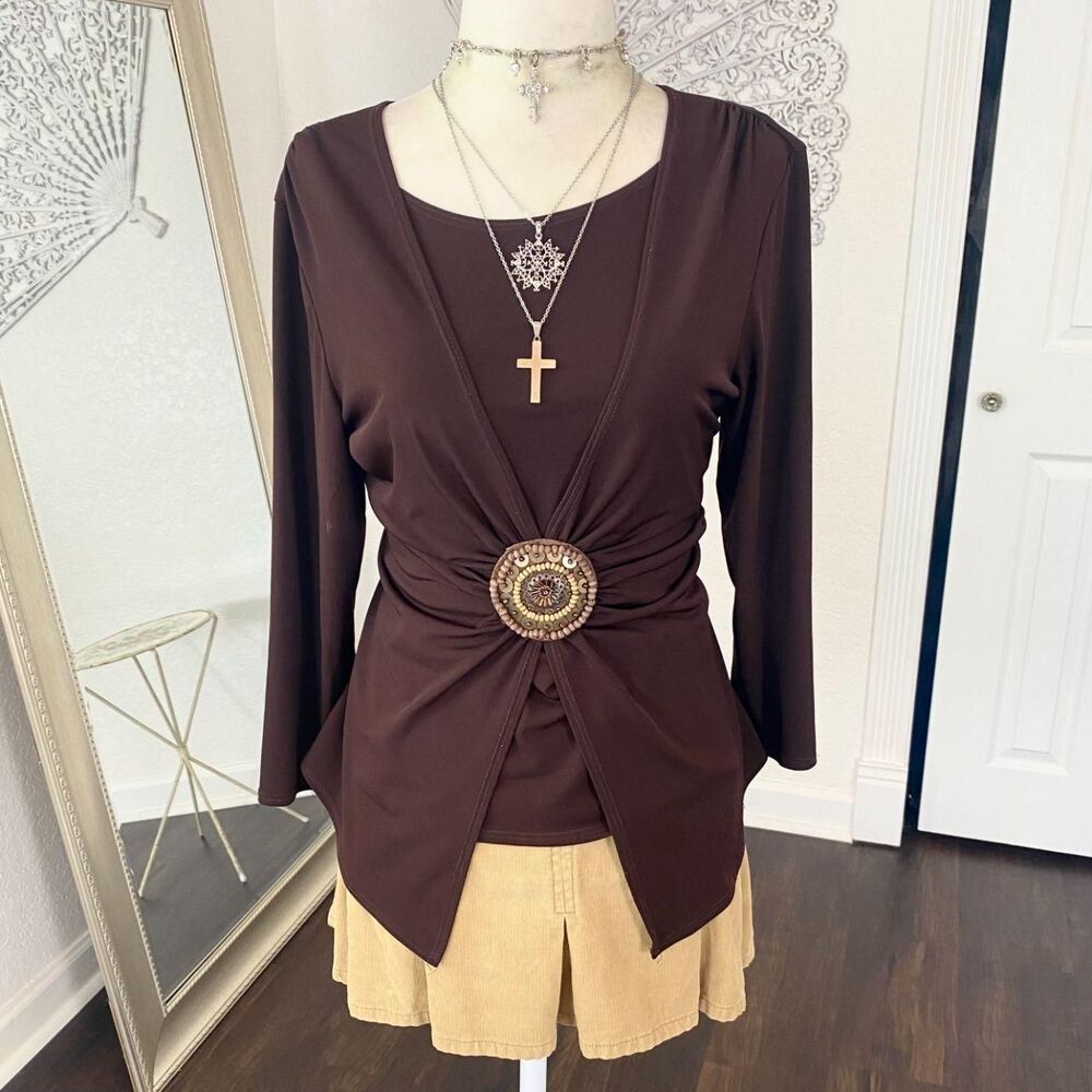 Early 2000's Dark Brown Beaded Babydoll Cinched 3/4 Sleeve Top M